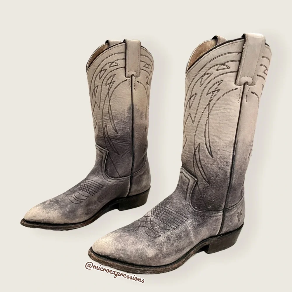 $499 Frye Billy Pull On Ombre Distressed Vintage Black White Western Cowboy Boot - Picture 7 of 13